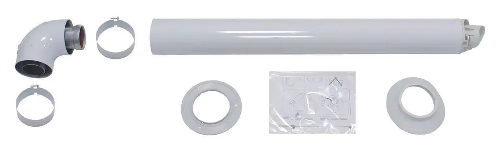 Wandsystem für Luft- und Abgasführung mit verschiedenen Komponenten, einschließlich gebogenem Rohr und Montagematerial. Produkt von Vaillant für optimale Technikinstallation.